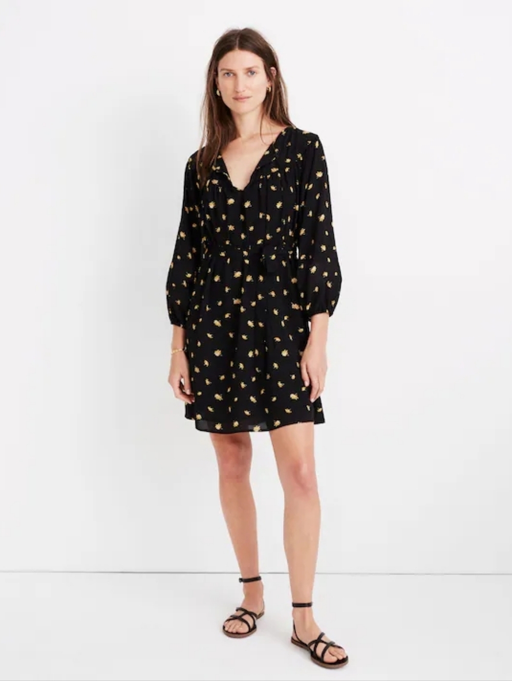 Madewell True Black & Yellow Gold Floral Tie-Waist Mini Dress in French Daisies